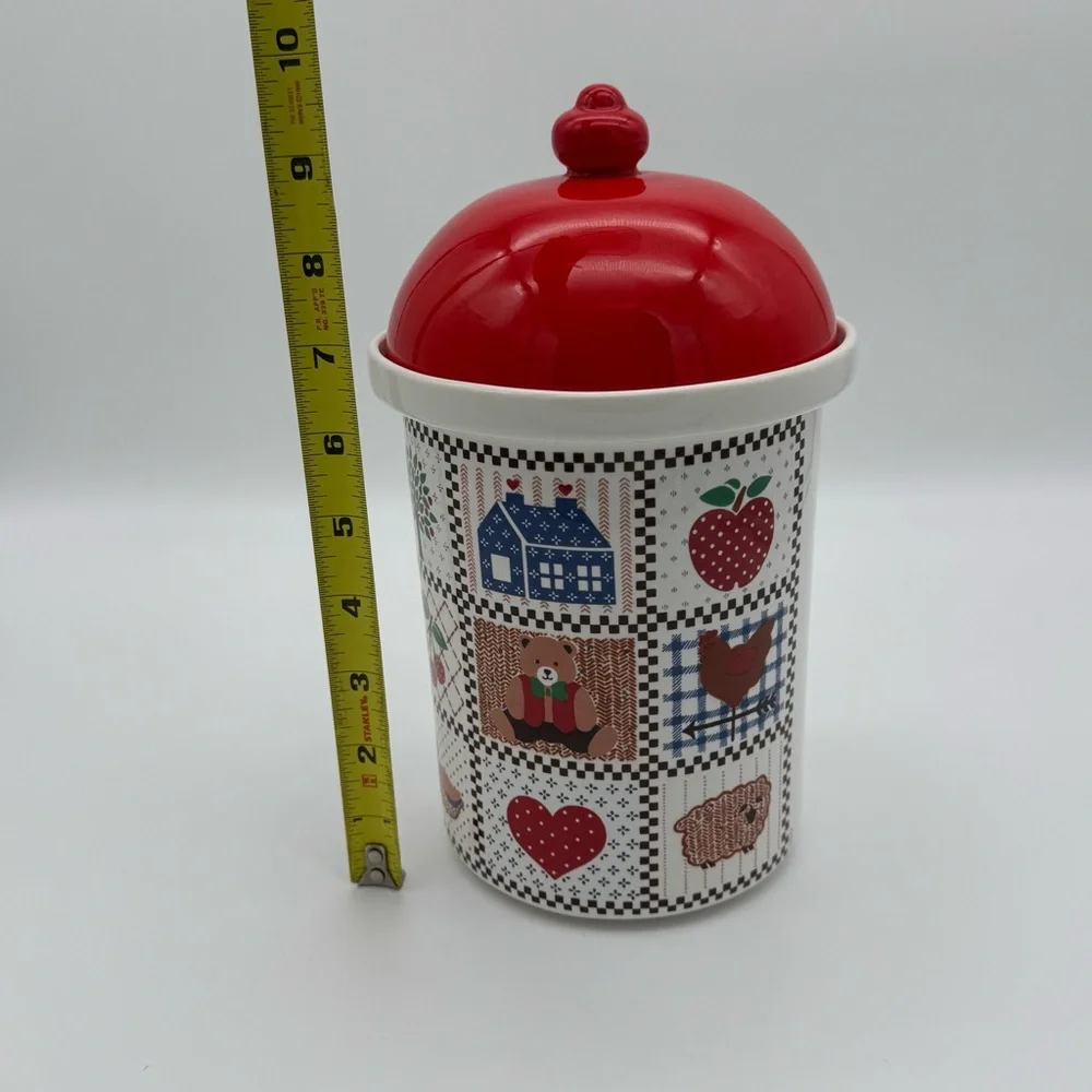 Vintage Decorative Canister w Red Dome Lid with Country Patchwork Themed Motif